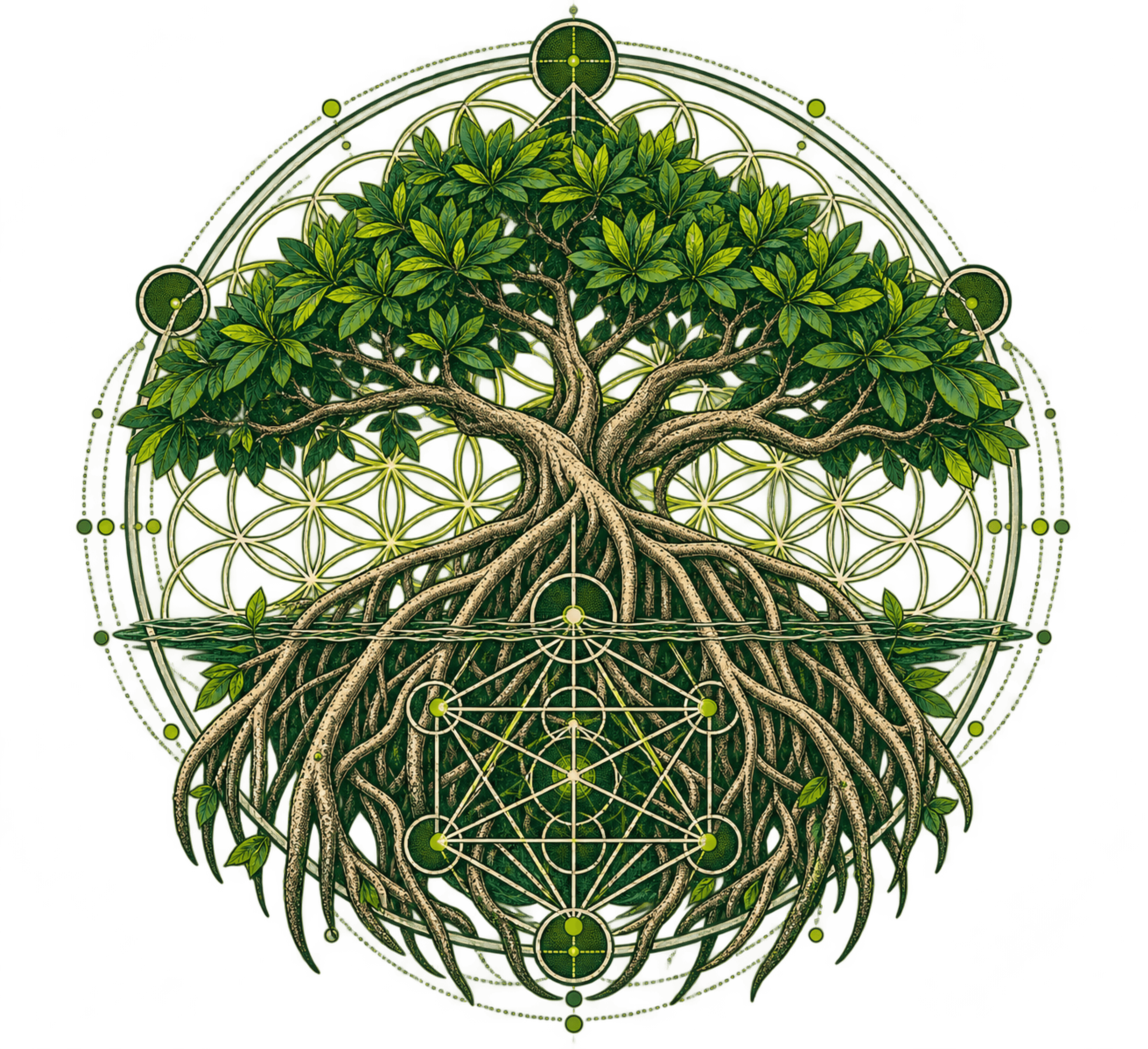 Mangrove tree growing through Flower of Life and Metatron geometry