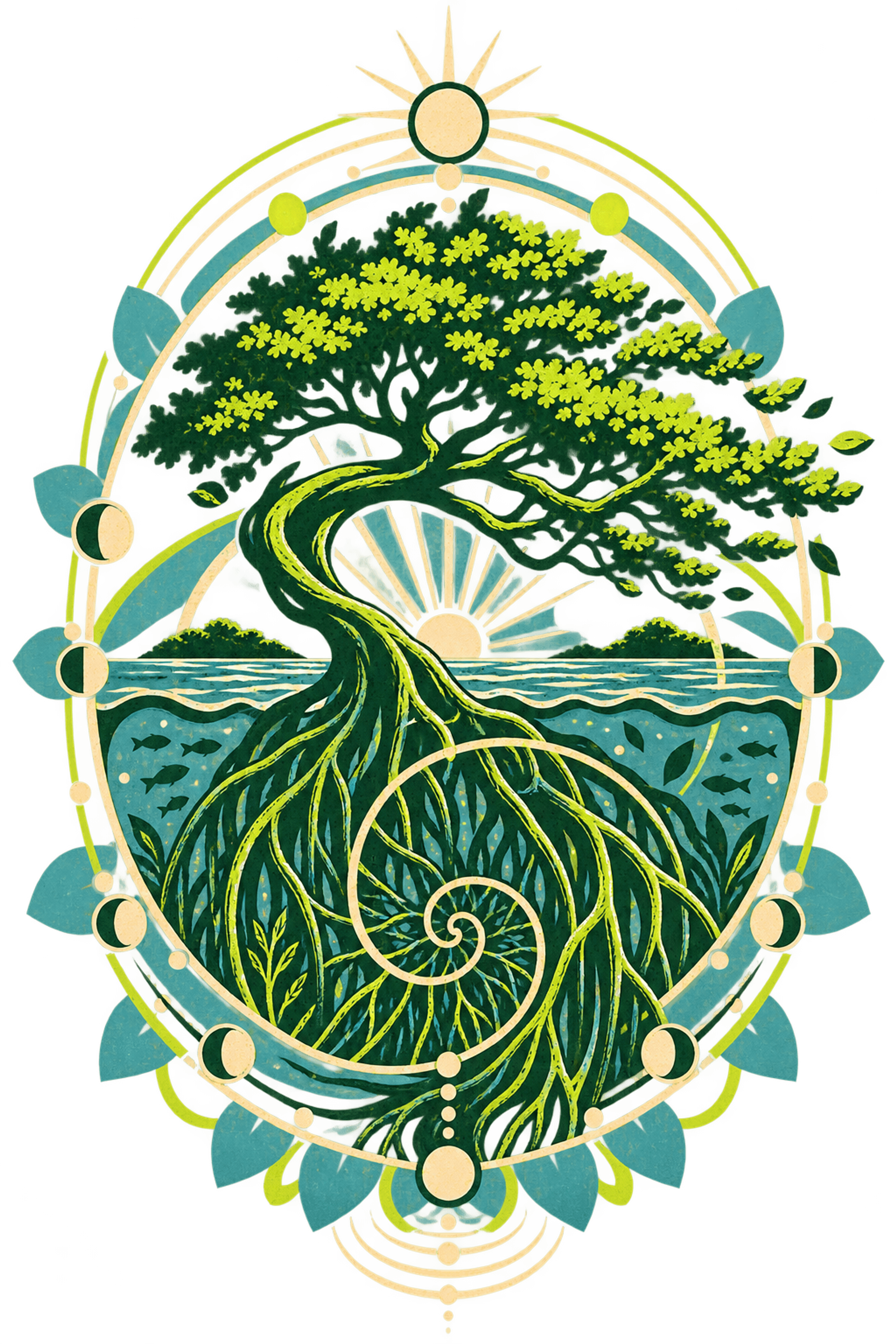 Mangrove canopy and roots flowing through a Fibonacci portal