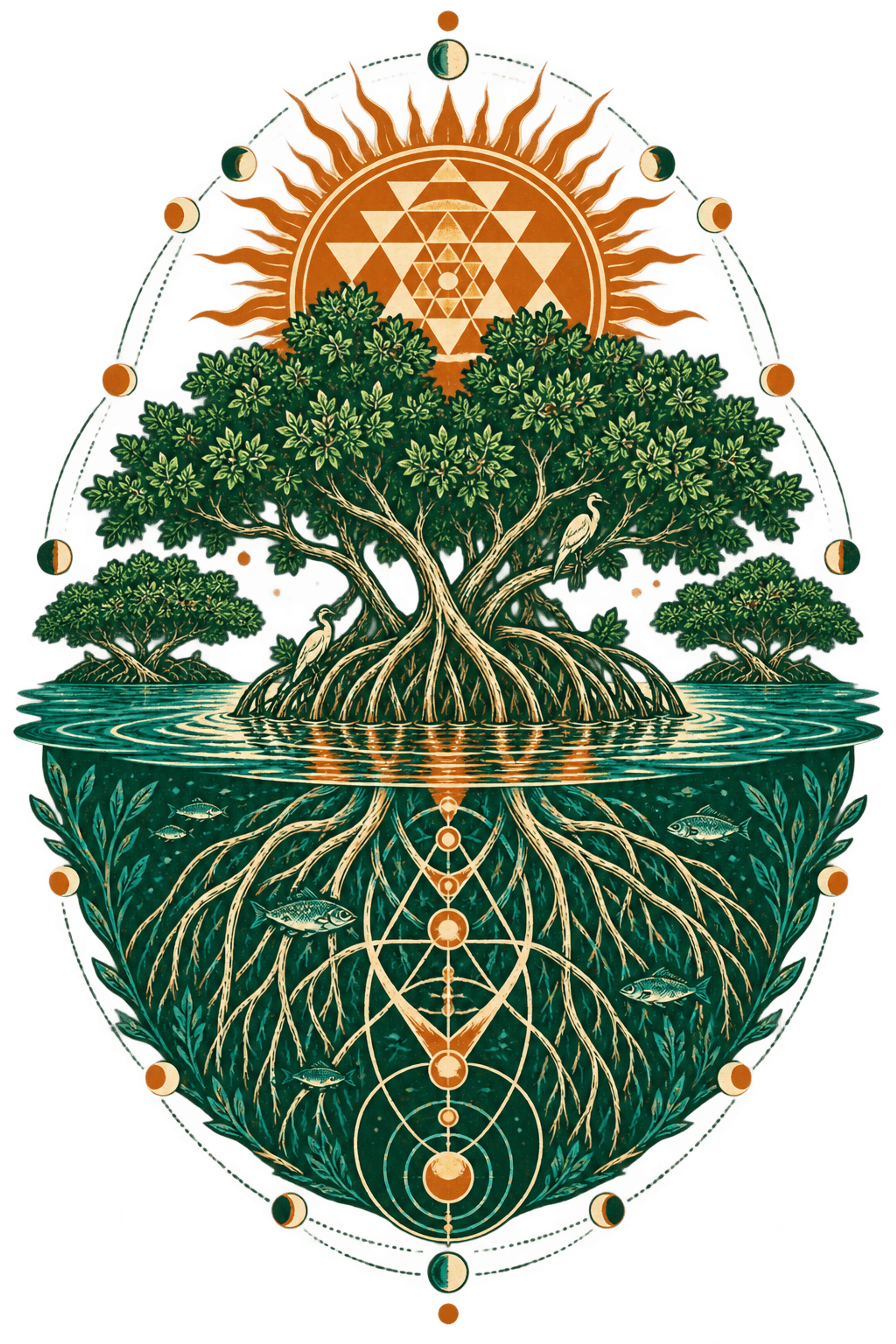 Mangrove canopy and roots mirrored through a sacred tidal mandala